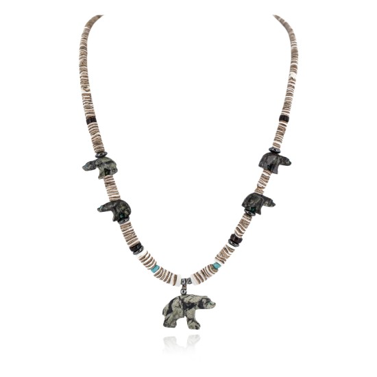 Bear Certified Authentic Navajo .925 Sterling Silver Natural Hematite Graduated Heishi Turquoise Jasper Native American Necklace 16049-2