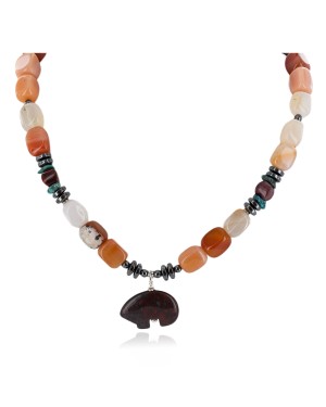 Bear Certified Authentic Navajo .925 Sterling Silver Natural Turquoise Carnelian Red Jasper Hematite Native American Necklace 750198-5