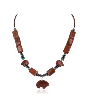 Bear Certified Authentic Navajo .925 Sterling Silver Natural Turquoise Goldstone Hematite Native American Necklace 750199-8