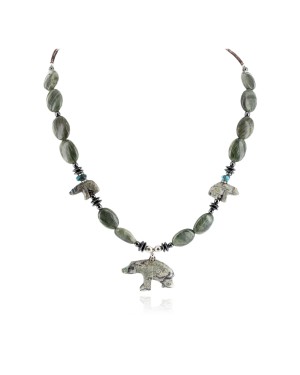 Bear Certified Authentic Navajo .925 Sterling Silver Natural Turquoise Green Jasper Hematite Agate Native American Necklace 17045