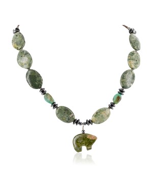 Bear Certified Authentic Navajo .925 Sterling Silver Natural Turquoise Green Jasper Hematite Native American Necklace 15888-5
