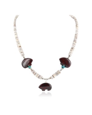 Bear Certified Authentic Navajo .925 Sterling Silver Natural Turquoise Red Jasper Graduated Heishi Native American Necklace 25319