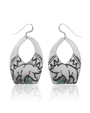 Bear Cloud Sun Natural Turquoise .925 Sterling Silver Certified Authentic Navajo Native American Handmade Dangle Earrings 27215