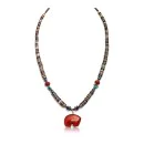 Carved Bear .925 Sterling Silver Navajo Native American Natural Turquoise Red Jasper Necklace and Pendant 750133-51