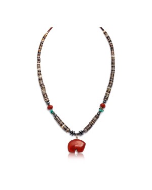 Bear Fetish .925 Sterling Silver Certified Authentic Navajo Native American Natural Turquoise Red Jasper Necklace and Pendant 750133-51