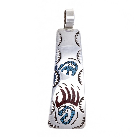 Bear Paw .925 Starling Silver Certified Authentic Handmade Navajo Native American Natural Turquoise Coral Pendent  24541