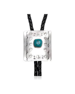 Bear Paw and Sun Natural Turquoise and Nickel Certified Authentic Navajo Native American Handmade Bolo Tie 24488-5