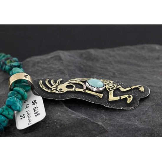 Big $670 12kt Gold Filled and .925 Sterling Silver Handmade KOKOPELI Certified Authentic Navajo Turquoise Native American Necklace 370976349312