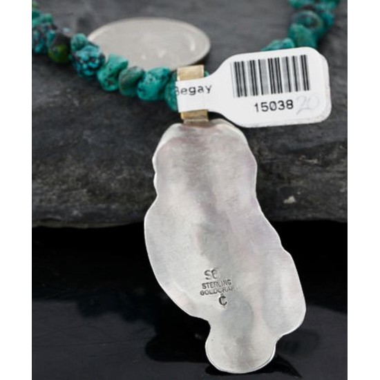 Big $670 12kt Gold Filled and .925 Sterling Silver Handmade KOKOPELI Certified Authentic Navajo Turquoise Native American Necklace 370976349312