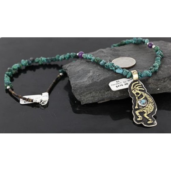 Big $670 12kt Gold Filled and .925 Sterling Silver Handmade KOKOPELI Certified Authentic Navajo Turquoise Native American Necklace 370976506626
