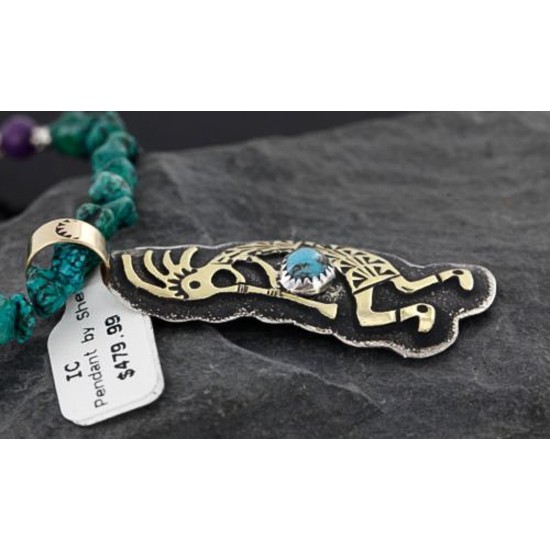 Big $670 12kt Gold Filled and .925 Sterling Silver Handmade KOKOPELI Certified Authentic Navajo Turquoise Native American Necklace 370976506626