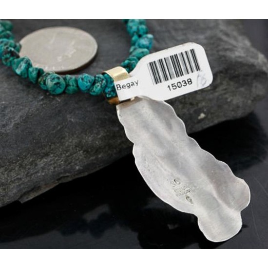 Big $670 12kt Gold Filled and .925 Sterling Silver Handmade KOKOPELI Certified Authentic Navajo Turquoise Native American Necklace 370976506626