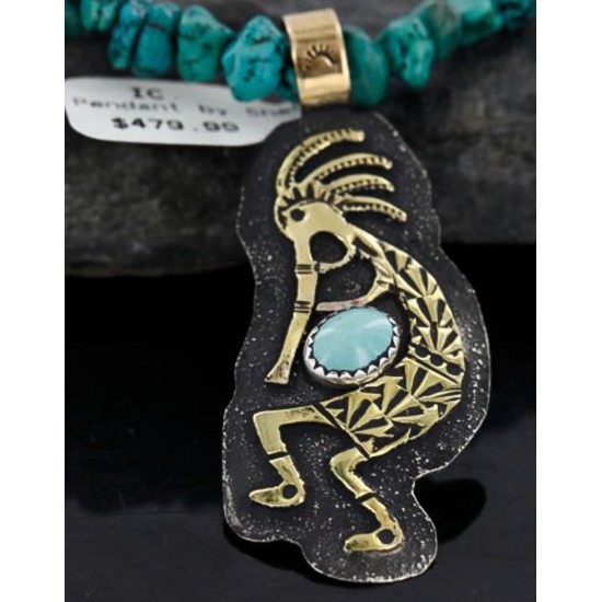Big $670 12kt Gold Filled and .925 Sterling Silver Handmade KOKOPELI Certified Authentic Navajo Turquoise Native American Necklace 370976349312