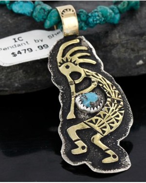Big $670 12kt Gold Filled and .925 Sterling Silver Handmade KOKOPELI Certified Authentic Navajo Turquoise Native American Necklace 370976506626