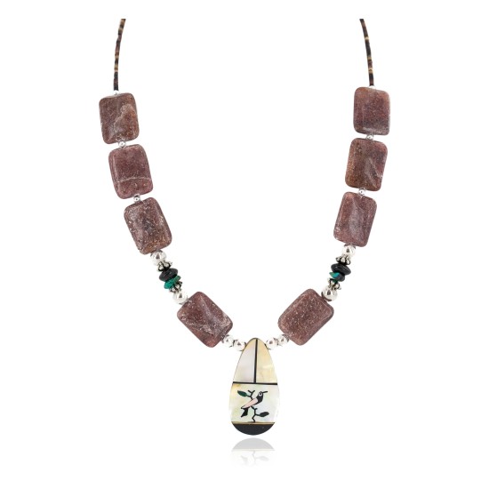 Bird Certified Authentic Navajo .925 Sterling Silver Inlay Natural Turquoise Mother of Pearl Black Onyx Agate Native American Necklace 25338-3
