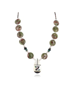 Bird Certified Authentic Navajo .925 Sterling Silver Inlay Natural Turquoise Mother of Pearl Black Onyx Blood Stone Native American Necklace 25338-4