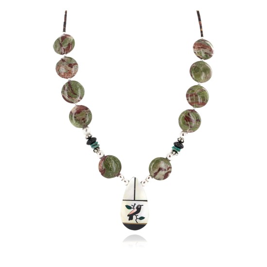 Bird Certified Authentic Navajo .925 Sterling Silver Inlay Natural Turquoise Mother of Pearl Black Onyx Blood Stone Native American Necklace 25338-4 Bird Certified Authentic Navajo .925 Sterling Silver Inlay Natural Turquoise Mother of Pearl Black Onyx Blood Stone Native American Necklace 25338-4