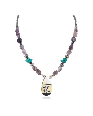 Bird Certified Authentic Navajo .925 Sterling Silver Inlay Natural Turquoise Mother of Pearl Hematite Amethyst Native American Necklace 25340-1