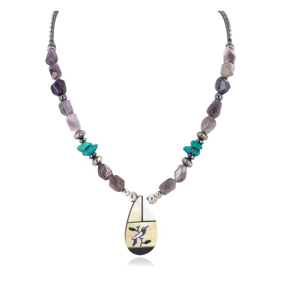 Bird Certified Authentic Navajo .925 Sterling Silver Inlay Natural Turquoise Mother of Pearl Hematite Amethyst Native American Necklace 25340-1 Bird Certified Authentic Navajo .925 Sterling Silver Inlay Natural Turquoise Mother of Pearl Hematite Amethyst Native American Necklace 25340-1