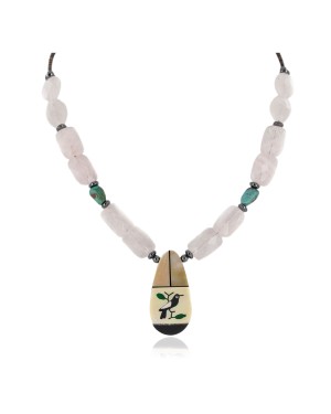 Bird Certified Authentic Navajo .925 Sterling Silver Inlay Natural Turquoise Mother of Pearl Pink Quartz Hematite Native American Necklace 750108-51
