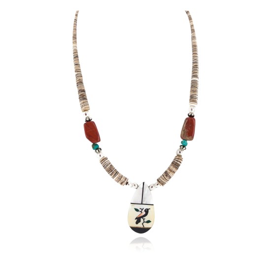 Bird Certified Authentic Navajo .925 Sterling Silver Inlay Natural Turquoise Mother of Pearl Red Jasper Black Onyx Native American Necklace 750238-10