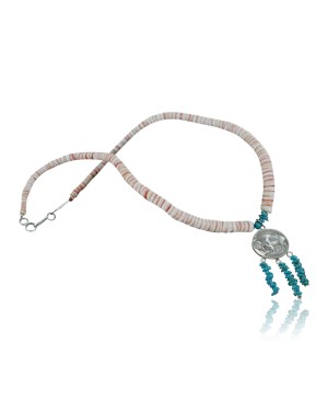 BUFFALO $350 Handmade Certified Authentic Navajo .925 Sterling Silver Spiny Oyster and Turquoise Native American Necklace 370926164185