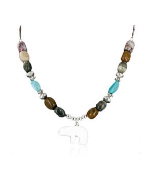 Carved Bear Certified Authentic Navajo .925 Sterling Silver Agate Turquoise Native American Necklace 750177