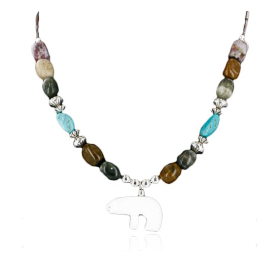 Carved Bear Certified Authentic Navajo .925 Sterling Silver Agate Turquoise Native American Necklace 750177