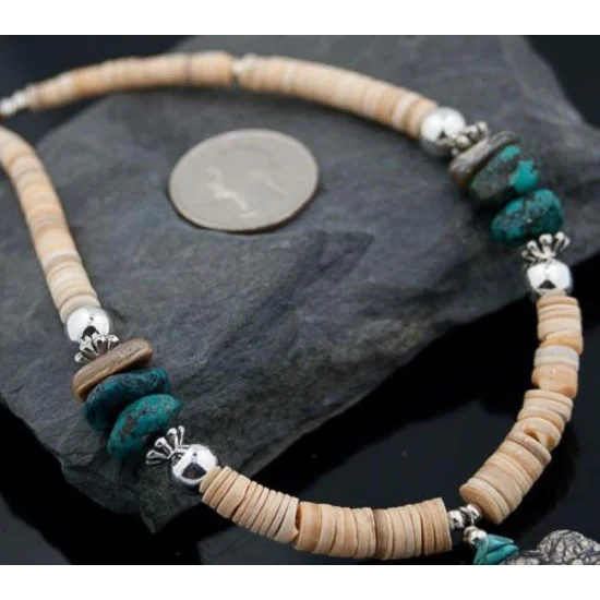 Carved Bear Navajo .925 Sterling Silver Graduated Melon Shell and Turquoise Native American Necklace 15778-15 Carved Bear Navajo .925 Sterling Silver Graduated Melon Shell and Turquoise Native American Necklace 15778-15