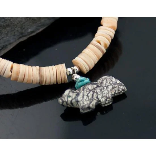 Carved Bear Navajo .925 Sterling Silver Graduated Melon Shell and Turquoise Native American Necklace 15778-15 Carved Bear Navajo .925 Sterling Silver Graduated Melon Shell and Turquoise Native American Necklace 15778-15