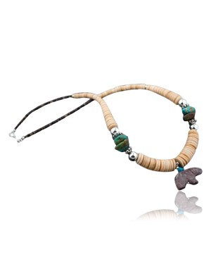 Carved BEAR Fetish Certified Authentic Navajo .925 Sterling Silver Graduated Melon Shell and Turquoise Native American Necklace 390618962024