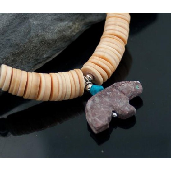 Carved BEAR Fetish Certified Authentic Navajo .925 Sterling Silver Graduated Melon Shell and Turquoise Native American Necklace 390618962024