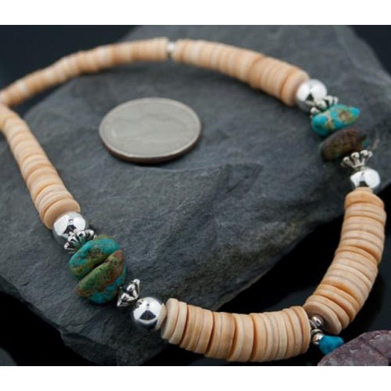 Carved BEAR Fetish Certified Authentic Navajo .925 Sterling Silver Graduated Melon Shell and Turquoise Native American Necklace 390618962024