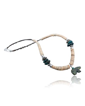 Carved BEAR Fetish Certified Authentic Navajo .925 Sterling Silver Graduated Melon Shell and Turquoise Native American Necklace 390619444165
