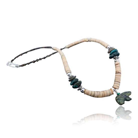 Carved BEAR Fetish Certified Authentic Navajo .925 Sterling Silver Graduated Melon Shell and Turquoise Native American Necklace 390619444165