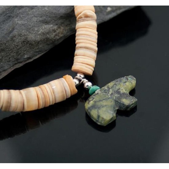 Carved BEAR Fetish Certified Authentic Navajo .925 Sterling Silver Graduated Melon Shell and Turquoise Native American Necklace 390619444165