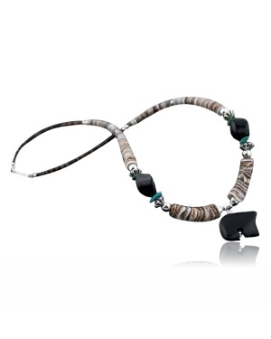 Carved BEAR Fetish Certified Authentic Navajo .925 Sterling Silver Graduated Melon Shell and Turquoise Native American Necklace 390620475384