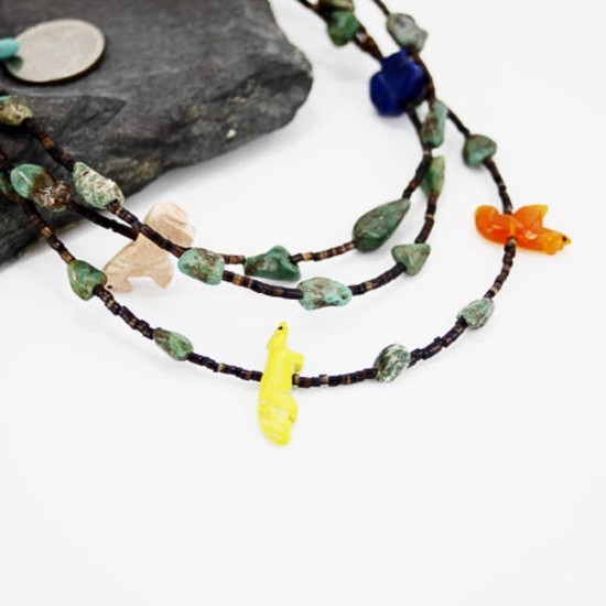 Carved Fetish $430 Certified Authentic 3 Strand Navajo .925 Sterling Silver Turquoise Native American Necklace 15585-22