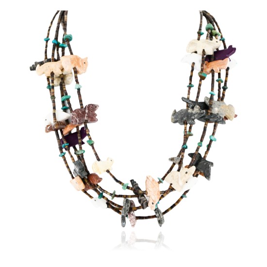 Carved Fetish $500 Large Certified Authentic 5 Strand Navajo .925 Sterling Silver Natural Turquoise Multicolor Stones Native American Necklace 15992-2