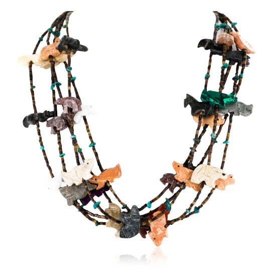 Carved Fetish $500 Large Certified Authentic 5 Strand Navajo .925 Sterling Silver Natural Turquoise Multicolor Stones Native American Necklace 15992-7