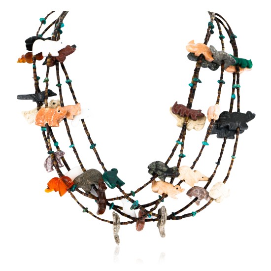 Carved Fetish $500 Large Certified Authentic 5 Strand Navajo .925 Sterling Silver Turquoise Multicolor Stones	 Native American Necklace 15992-3