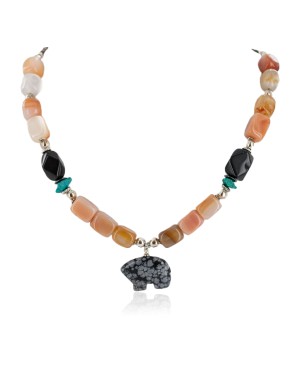 Carved Fetish Bear .925 Sterling Silver Certified Authentic Navajo Natural Turquoise Black Onyx Snowflake Obsidian Carnelian Native American Necklace 18234-4
