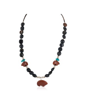 Carved Fetish Bear .925 Sterling Silver Certified Authentic Navajo Natural Turquoise Goldstone Agate Native American Necklace 750207-3