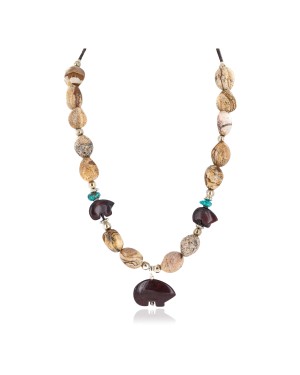 Carved Fetish Bear .925 Sterling Silver Certified Authentic Navajo Natural Turquoise Jasper Native American Necklace 25341-3