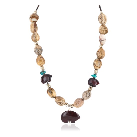 Carved Fetish Bear .925 Sterling Silver Certified Authentic Navajo Natural Turquoise Jasper Native American Necklace 25341-3