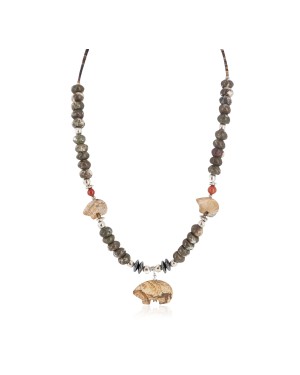 Carved Fetish Bear .925 Sterling Silver Certified Authentic Navajo Natural White Green and Red Jasper Hematite Native American Necklace 750209-7