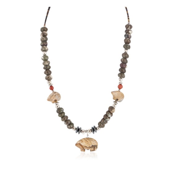 Carved Fetish Bear .925 Sterling Silver Certified Authentic Navajo Natural White Green and Red Jasper Hematite Native American Necklace 750209-7