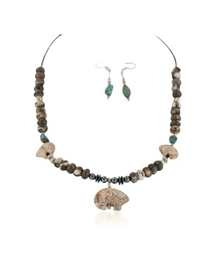 Carved Fetish Bear .925 Sterling Silver Hooks Certified Authentic Navajo Natural Turquoise and Jasper Native American Set 18234-1-18238