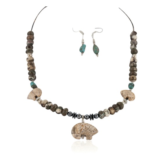 Carved Fetish Bear .925 Sterling Silver Hooks Certified Authentic Navajo Natural Turquoise and Jasper Native American Set 18234-1-18238