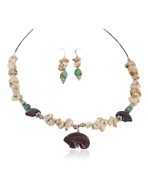 Carved Fetish Bear .925 Sterling Silver Hooks Certified Authentic Navajo White Howlite Red Jasper Native American Set 750209-4-18252-6